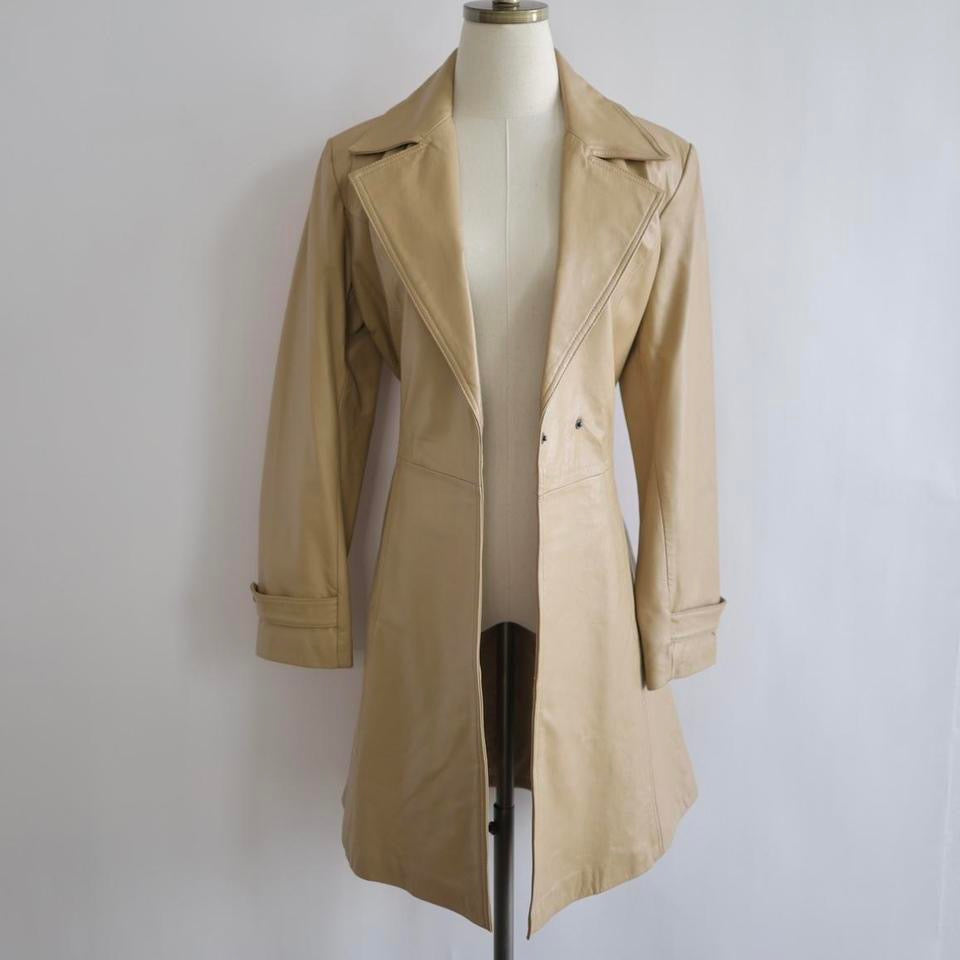 Y2K tan real leather trench coat women leather jacket S-M