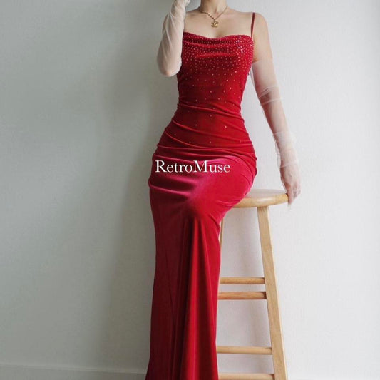 Y2K vintage red velvet beaded prom dress formal dress 6(S)