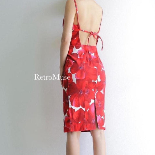 Y2K vintage Guess open back red floral summer dress 6(S)