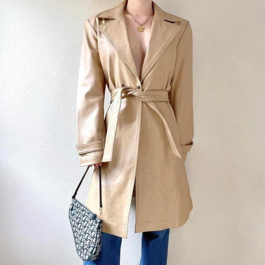 Y2K tan real leather trench coat women leather jacket S-M