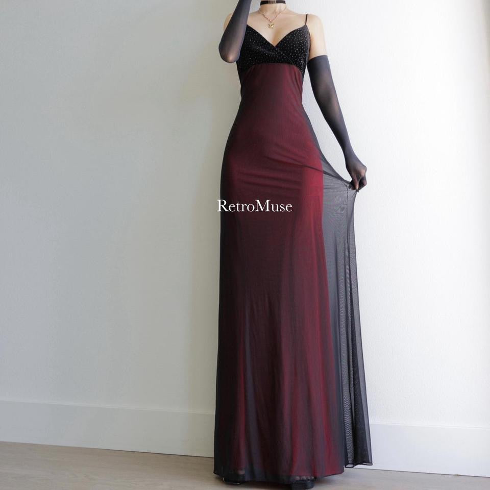 Y2K vintage black red layered prom dress formal dress L-XL