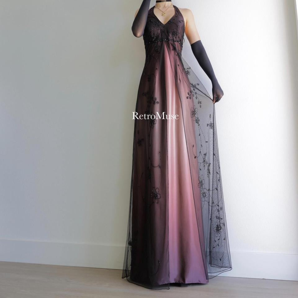 Y2K vintage dark mauve black beaded prom dress formal dress  10(M)