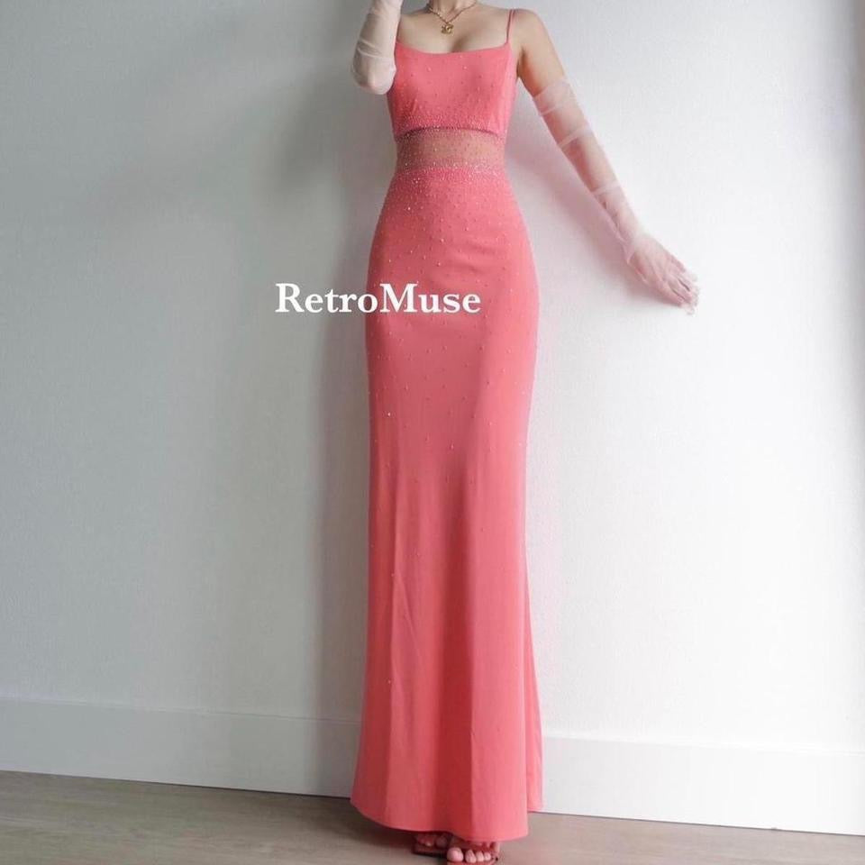 Y2K vintage coral see through waist beaded gown prom dress PL