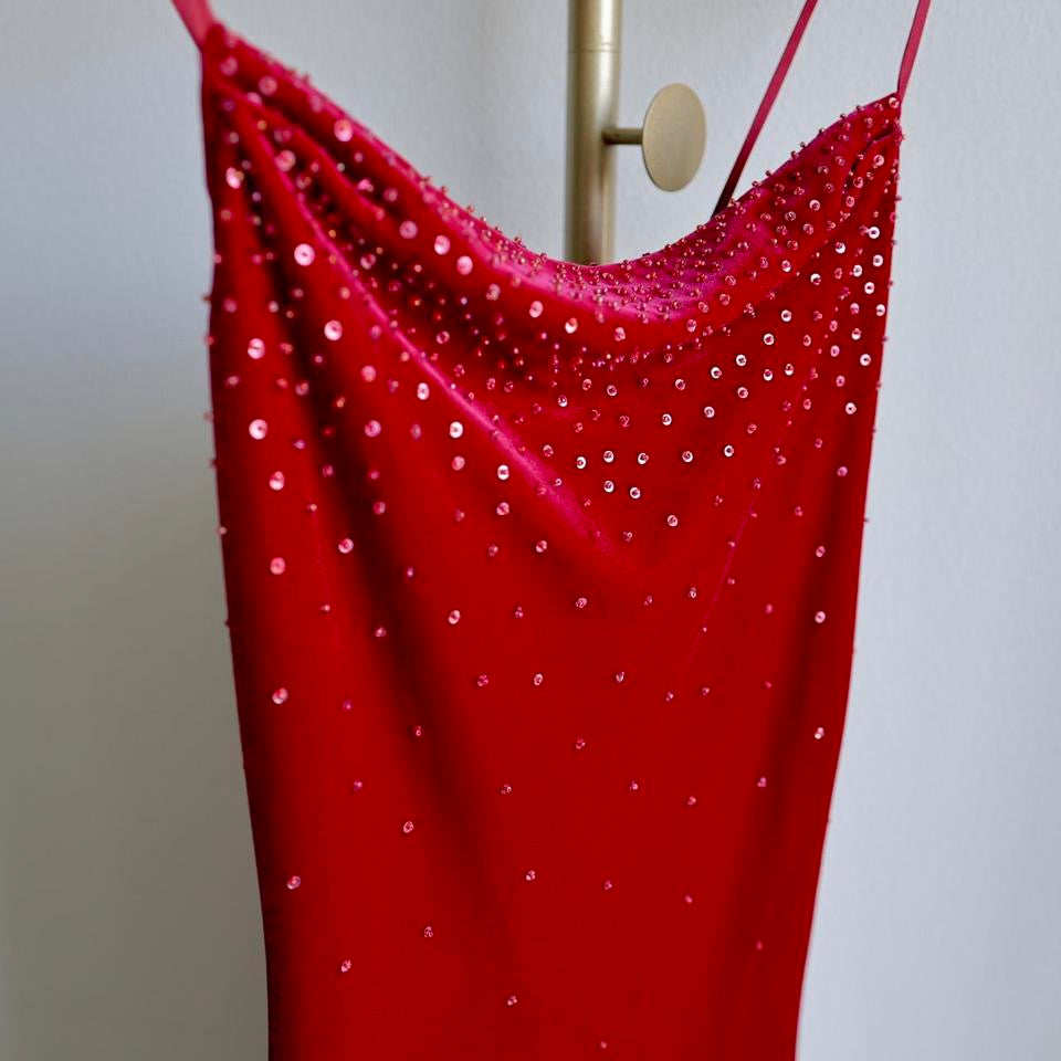 Y2K vintage red velvet beaded prom dress formal dress 6(S)