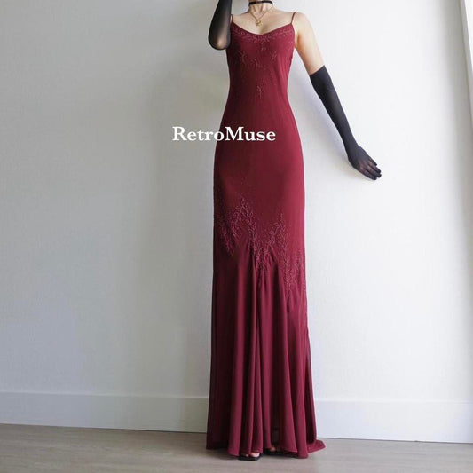 Y2K vintage burgundy beaded prom dress formal dress M-L