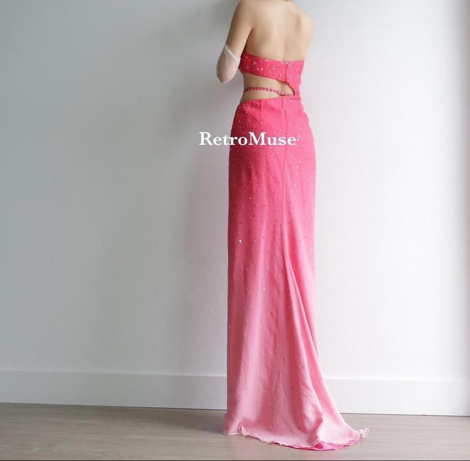 Y2K vintage pink ombre beaded prom dress formal dress S-M