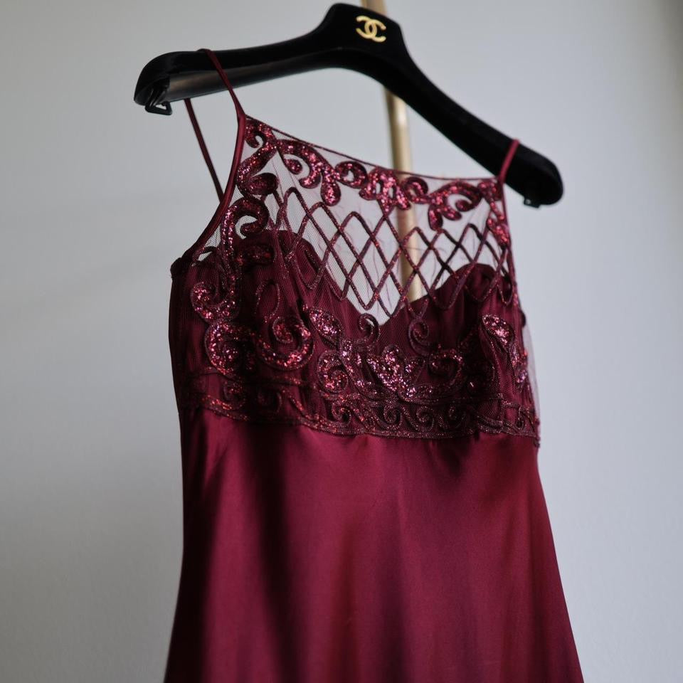 Y2K vintage sparkly see through chest burgundy prom dress formal dress 6(S)