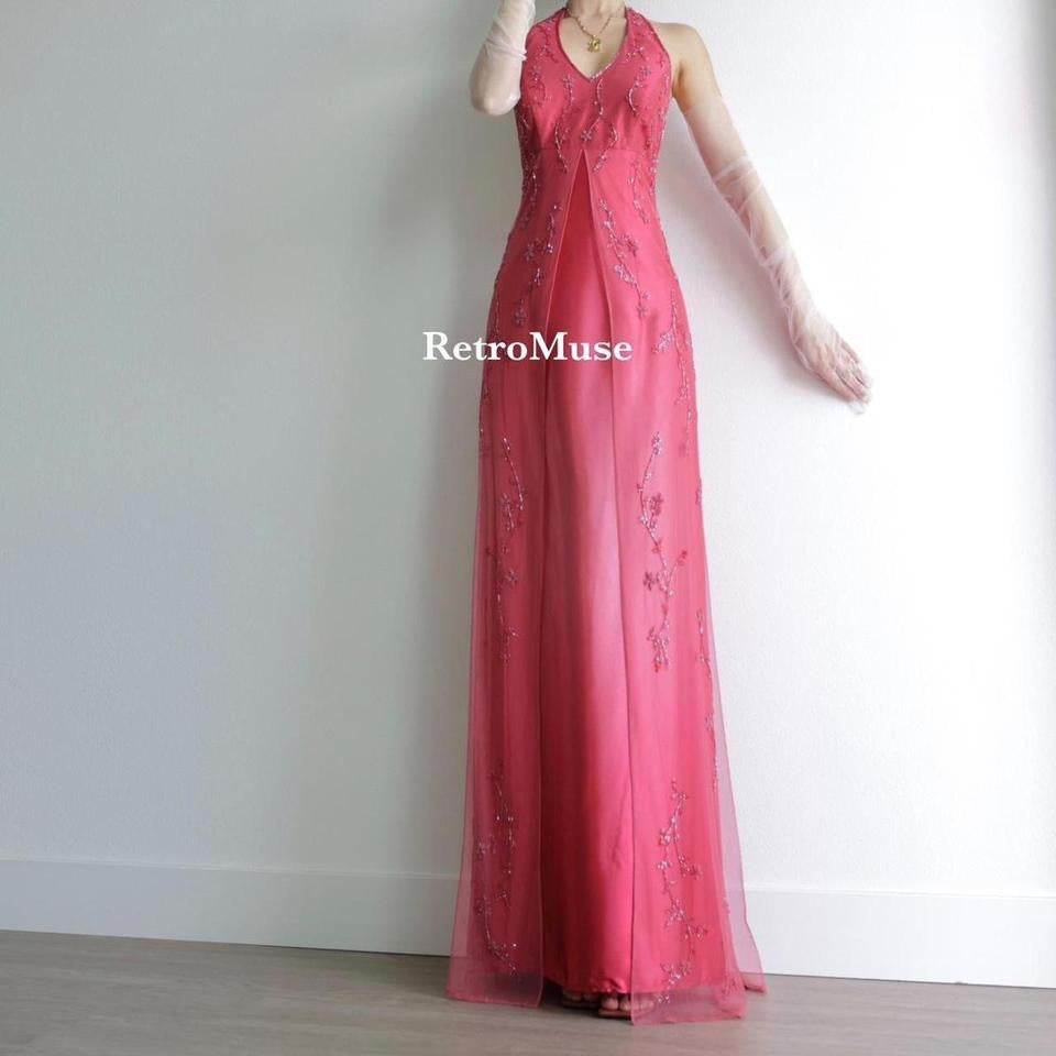 Y2K vintage red pink beaded gown prom dress M-L