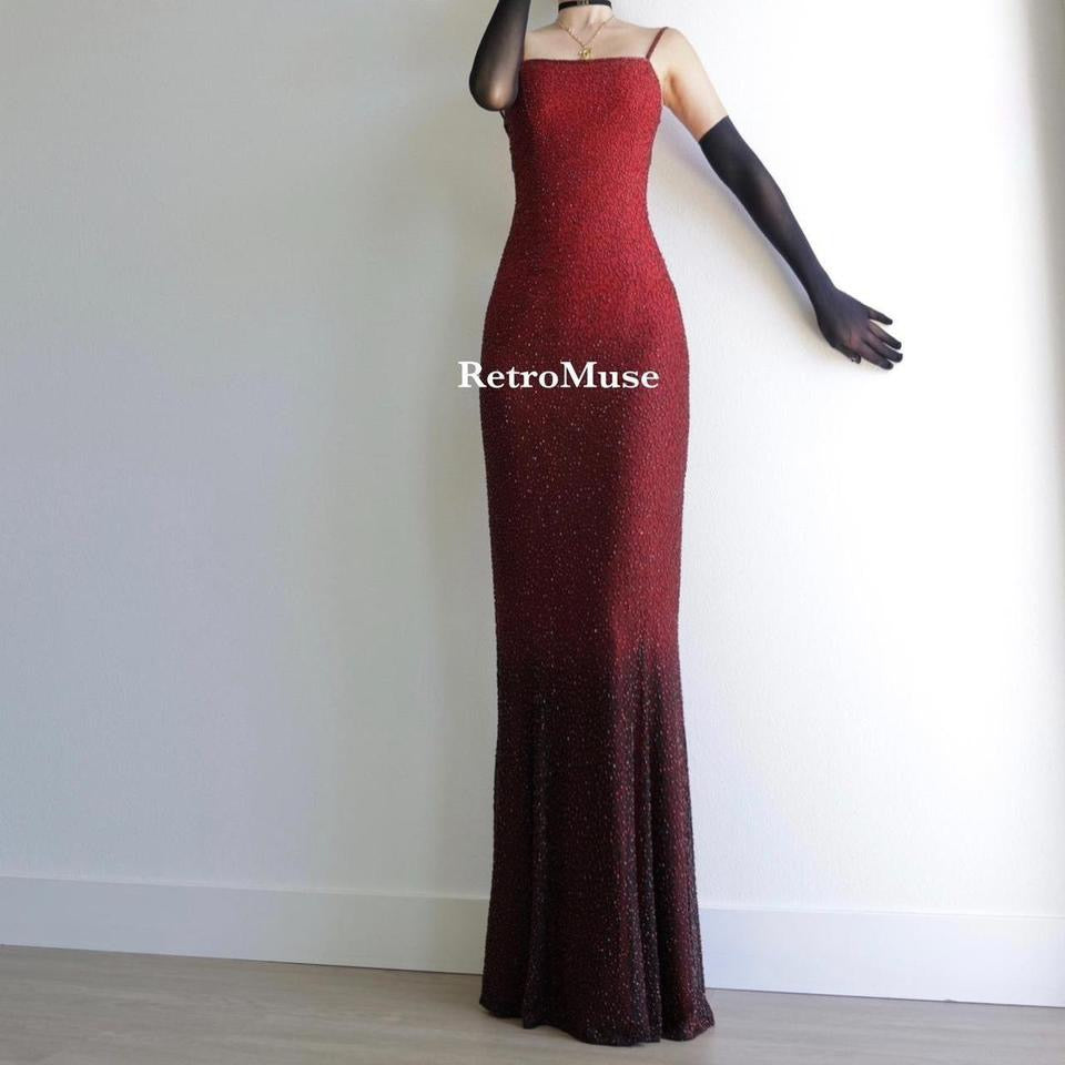 Y2K dark red ombre beaded gown prom dress burgundy dress XS-S (4)