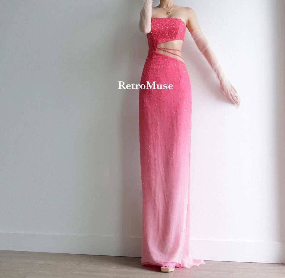 Y2K vintage pink ombre beaded prom dress formal dress S-M