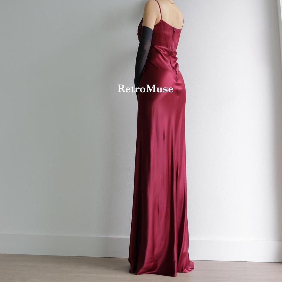 Y2K vintage sparkly see through chest burgundy prom dress formal dress 6(S)