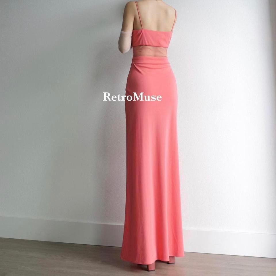 Y2K vintage coral see through waist beaded gown prom dress PL