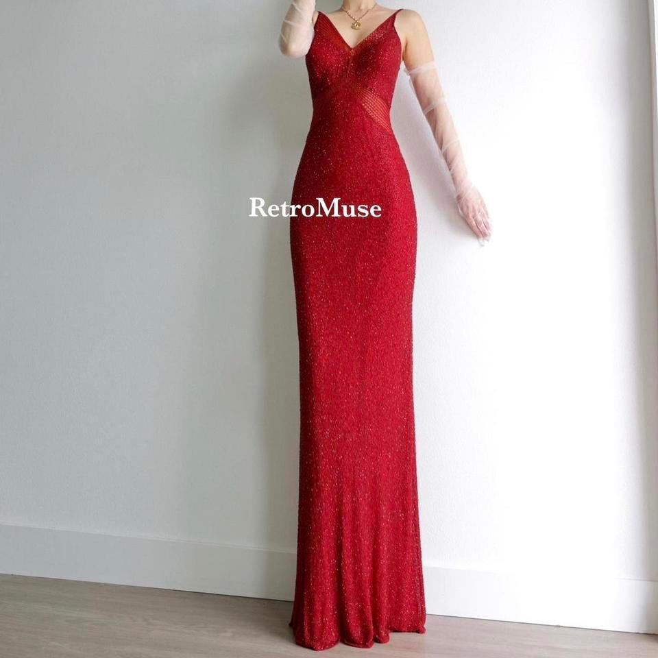 Y2K vintage see through waist deep red beaded gown prom dress M