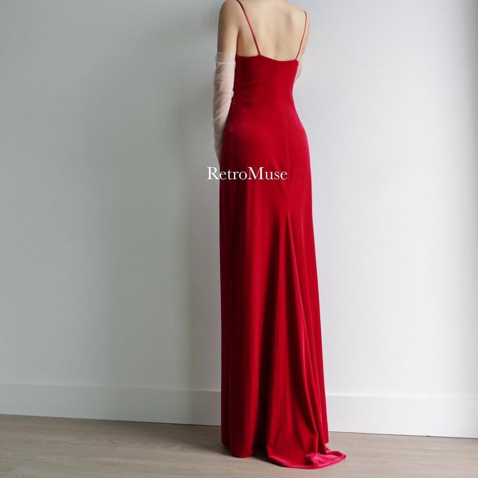 Y2K vintage red velvet beaded prom dress formal dress 6(S)