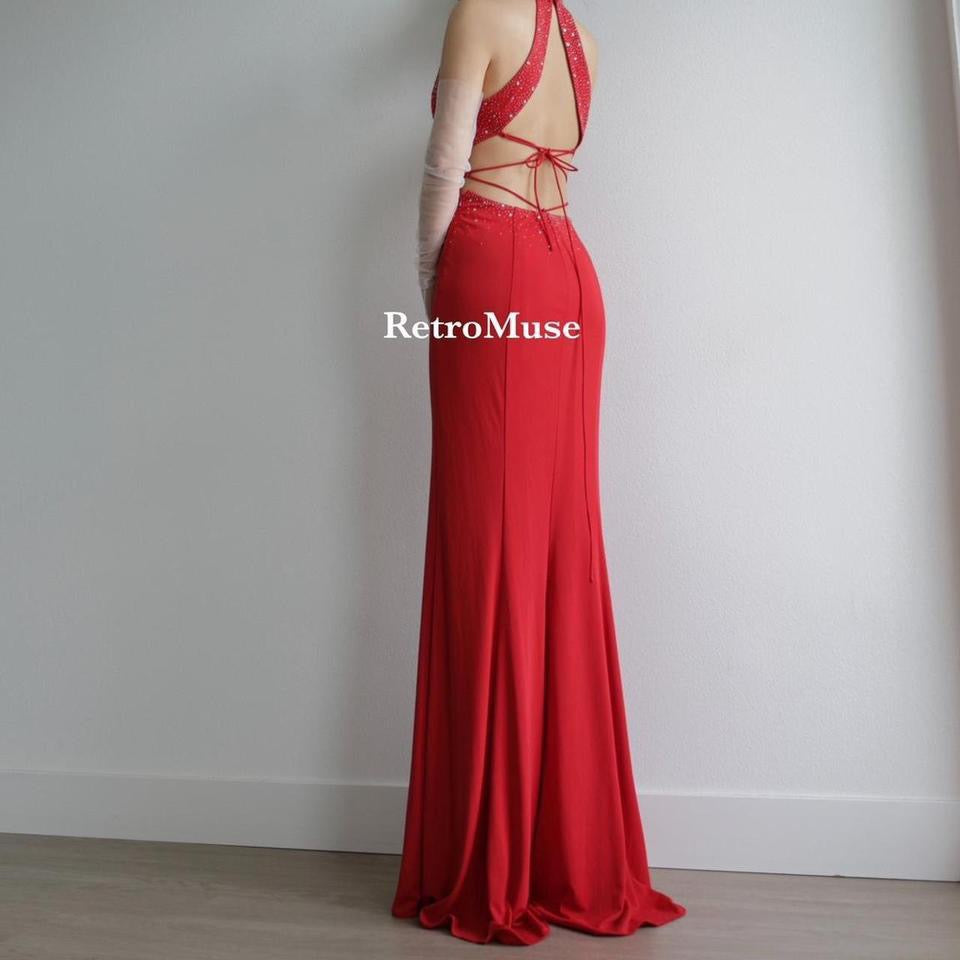 Y2K vintage open back red beaded gown prom dress 12(L)