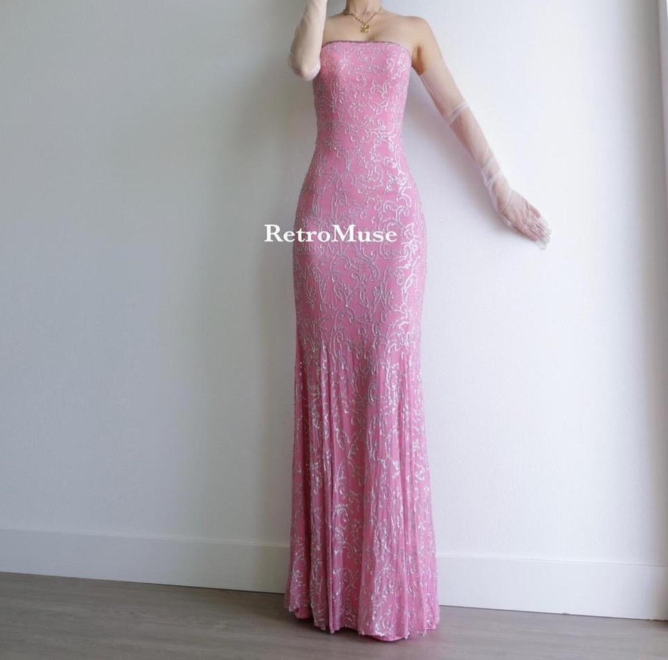 Y2K bubble gum pink silk sequined gown prom dress XS-S