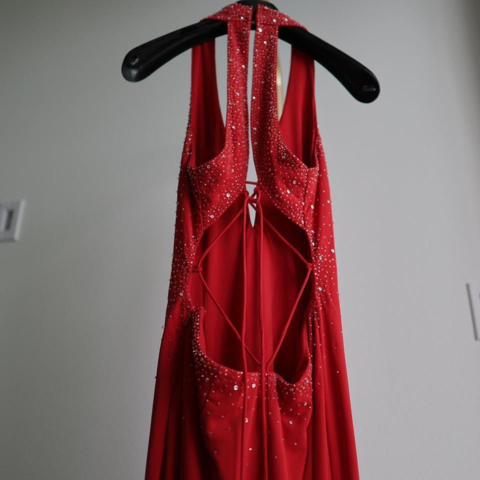 Y2K vintage open back red beaded gown prom dress 12(L)