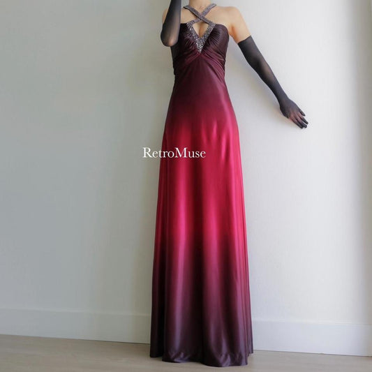 Y2K dark red ombré beaded prom dress formal dress S