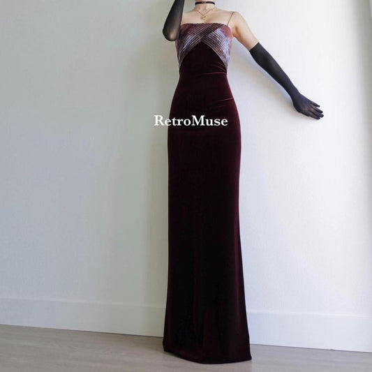 Y2K vintage dark burgundy velvet beaded long dress prom dress M-L