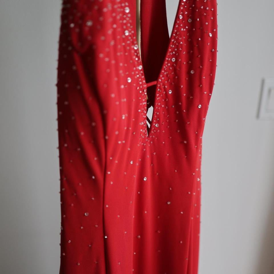 Y2K vintage open back red beaded gown prom dress 12(L)