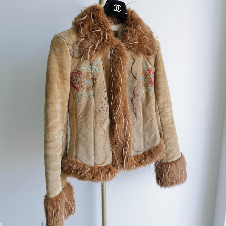 Y2K vintage women tan fur trim suede leather jacket embroidered jacket XXS-S