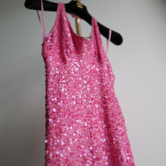 Y2k vintage Barbie pink beaded halter midi dress M