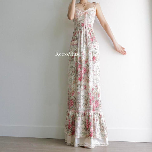 90s Vintage Young Edwardian by Arpeja cream beige floral long dress M