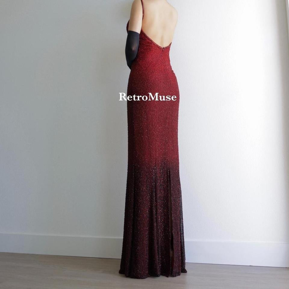 Y2K dark red ombre beaded gown prom dress burgundy dress XS-S (4)