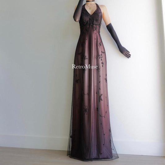 Y2K vintage dark mauve black beaded prom dress formal dress PM