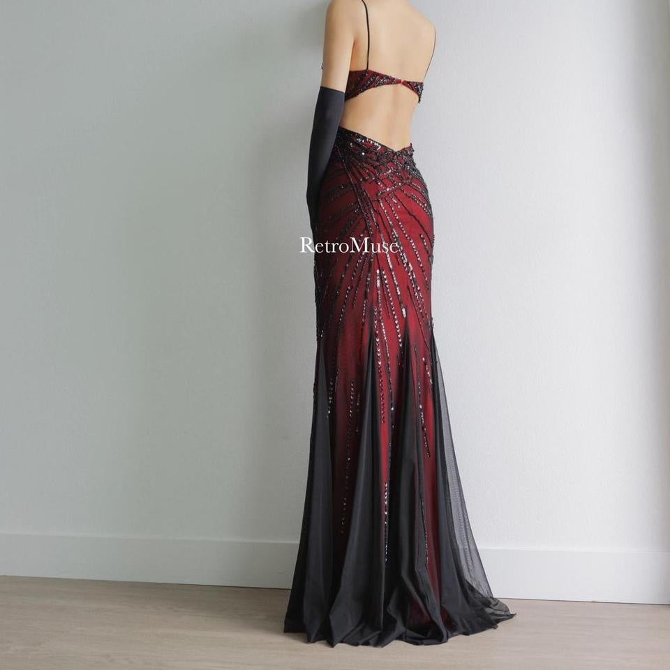 Y2K vintage red black sequined prom dress formal dress M-L