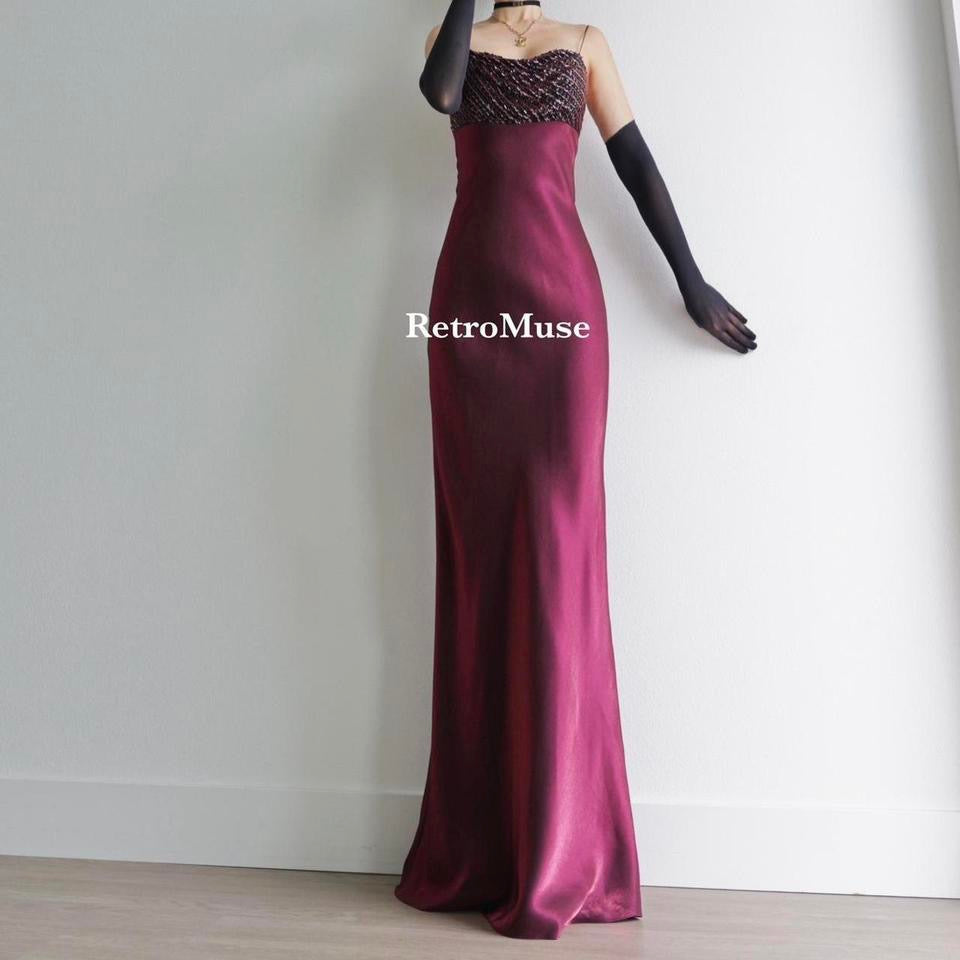 Y2K vintage plum burgundy beaded prom dress formal dress M