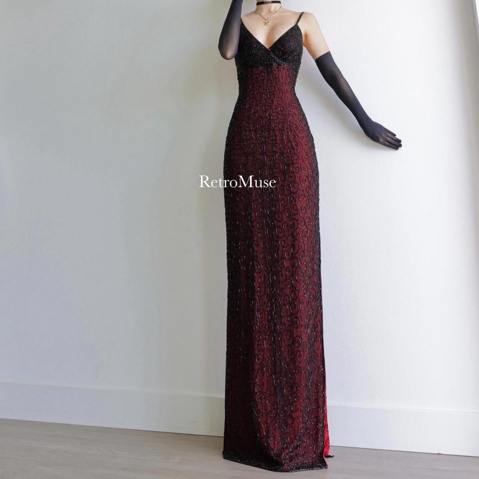 Y2K vintage dark red beaded prom dress formal dress S