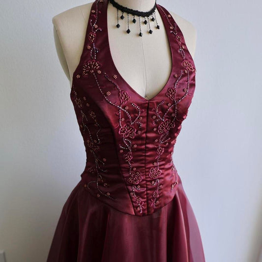 Y2K vintage burgundy beaded corset gown prom dress XS