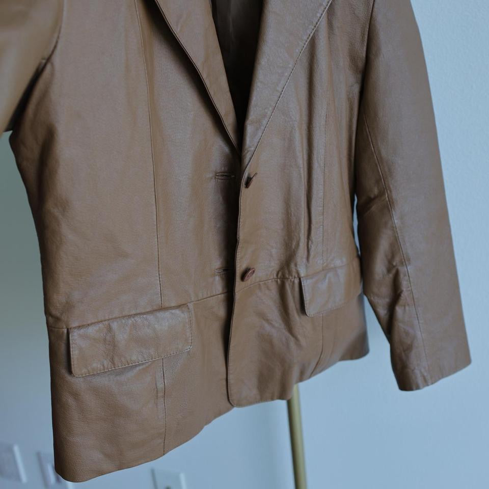 Y2K Vintage women tan brown real leather jacket Leather blazer XS-S