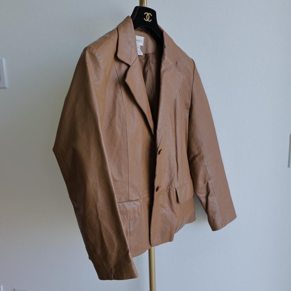 Y2K Vintage women tan brown real leather jacket Leather blazer XS-S