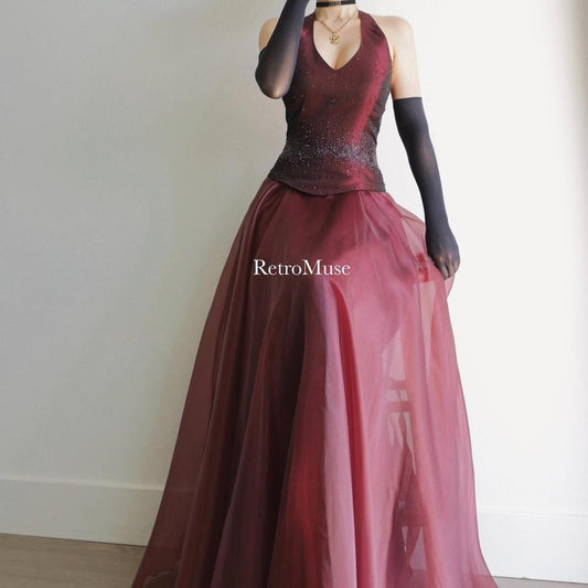 Y2K vintage burgundy beaded prom dress formal dress S-M