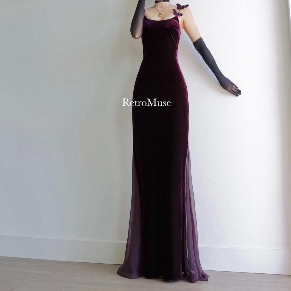 Y2K vintage butterfly burgundy velvet prom dress formal dress XS-S