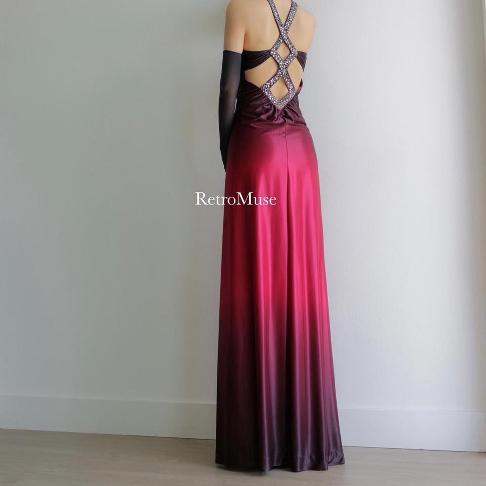 Y2K dark red ombré beaded prom dress formal dress S