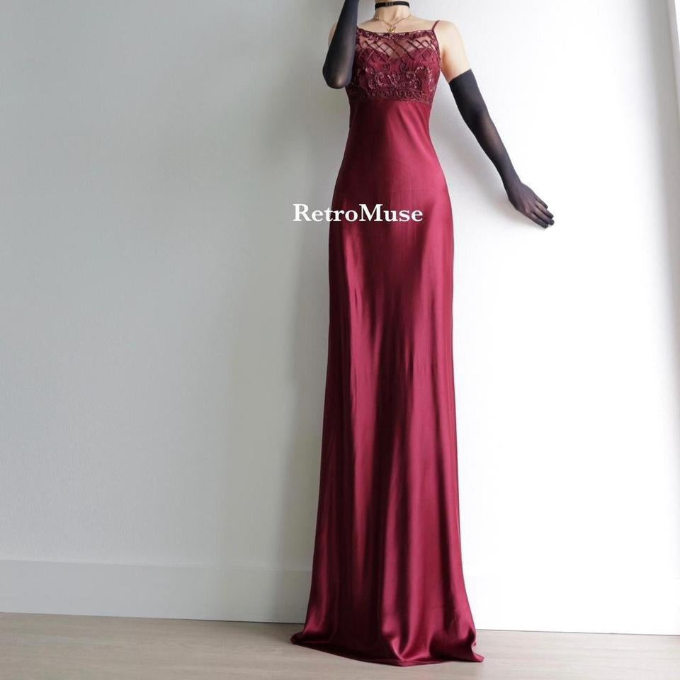 Y2K vintage sparkly see through chest burgundy prom dress formal dress 6(S)