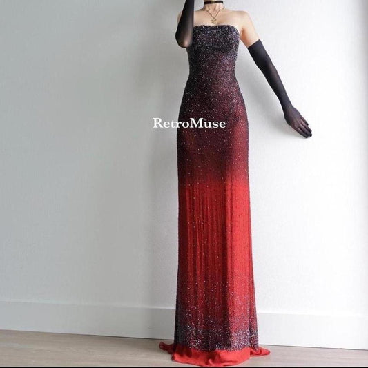 Y2K dark red ombre beaded prom dress formal dress M