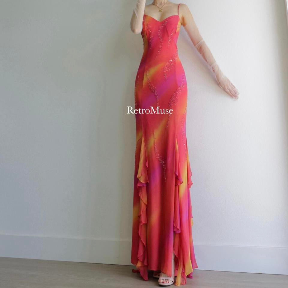 Y2K red orange beaded prom dress formal dress M-L