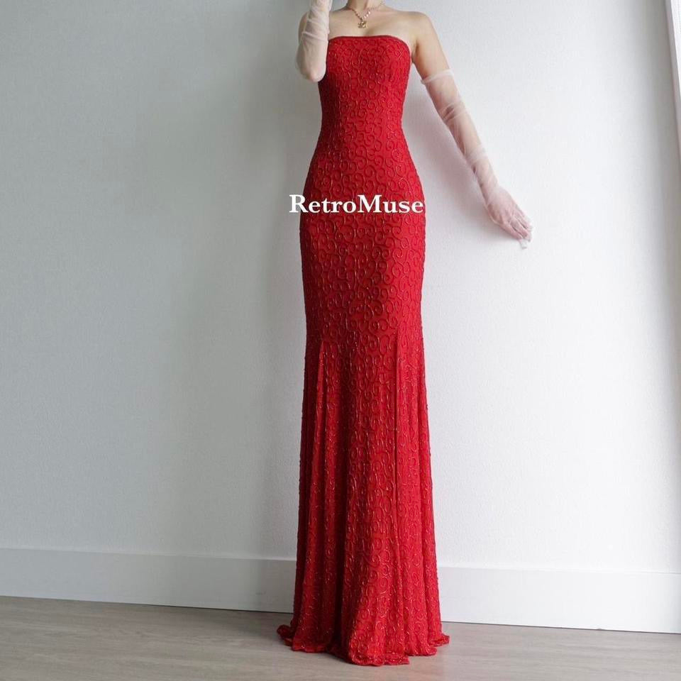 Y2K vintage red beaded prom dress formal dress 6(S)