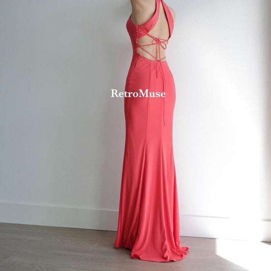 Y2K vintage open back orange beaded gown prom dress M