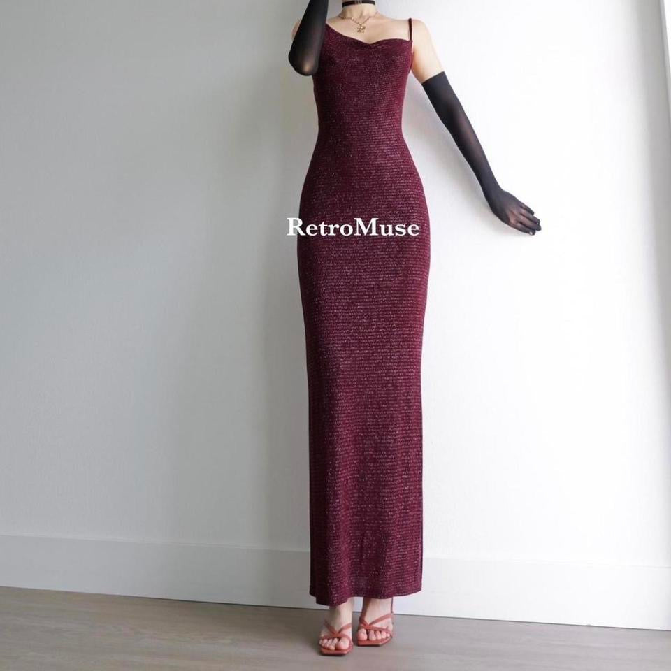 Y2K vintage burgundy sparkle prom dress formal dress S-M