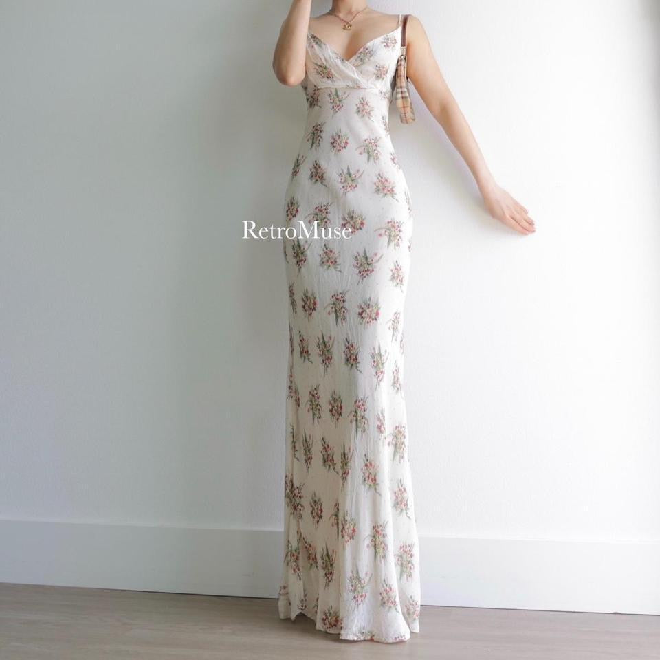 90s vintage cream beige floral long dress summer dress M