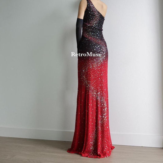 Y2K vintage one shoulder black red ombré beaded prom dress formal dress L