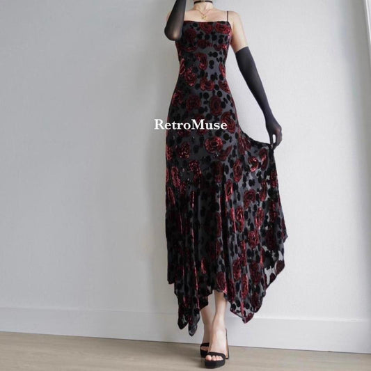 Y2K vintage black red velvet high low prom dress formal dress M-L