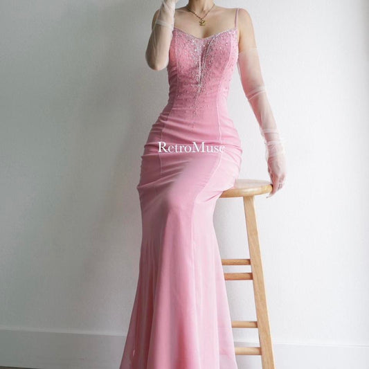 Y2K vintage see through back pink beaded prom dress formal dress M