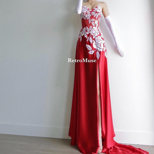 Y2K vintage see through corset red beaded gown prom dress 4(S)