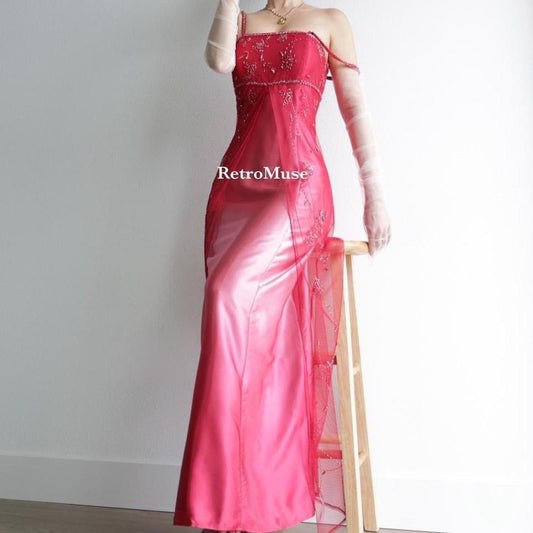 Y2K vintage red pink ombre beaded gown goth prom dress S-M